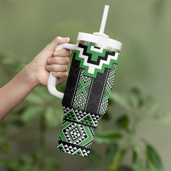Green Taniko Aotearoa Niho Taniwha Mix Poutama Custom Stanley Quencher 40Oz Stainless Steel Tumbler With Handle - Image 3