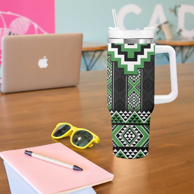 Green Taniko Aotearoa Niho Taniwha Mix Poutama Custom Stanley Quencher 40Oz Stainless Steel Tumbler With Handle - Image 5