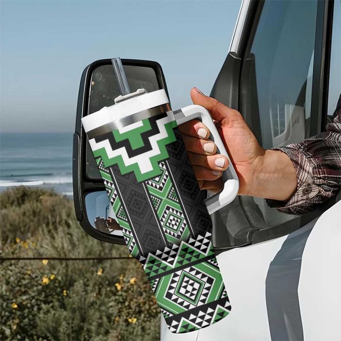 Green Taniko Aotearoa Niho Taniwha Mix Poutama Custom Stanley Quencher 40Oz Stainless Steel Tumbler With Handle - Image 7