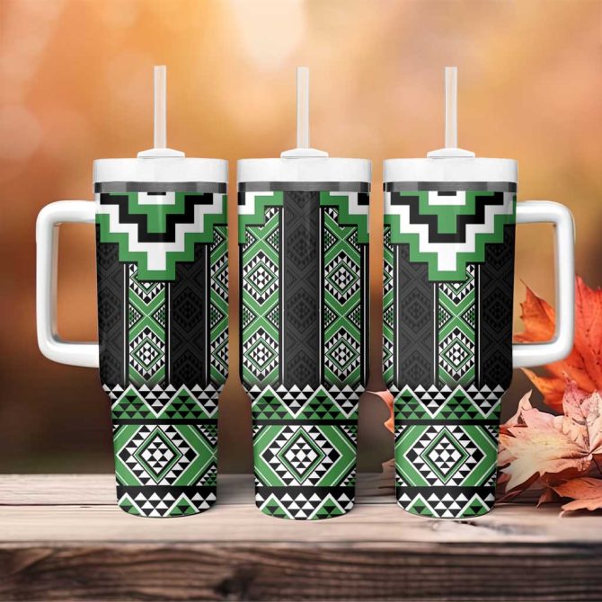 Green Taniko Aotearoa Niho Taniwha Mix Poutama Custom Stanley Quencher 40Oz Stainless Steel Tumbler With Handle - Image 4