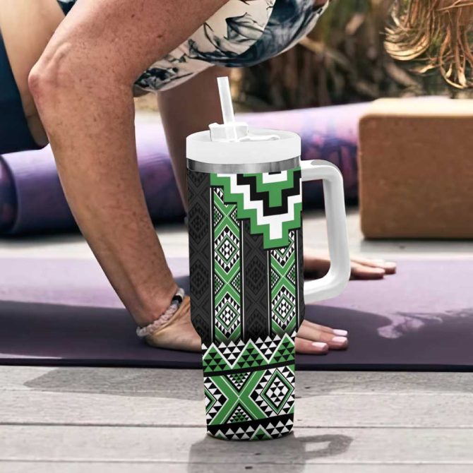 Green Taniko Aotearoa Niho Taniwha Mix Poutama Custom Stanley Quencher 40Oz Stainless Steel Tumbler With Handle - Image 6