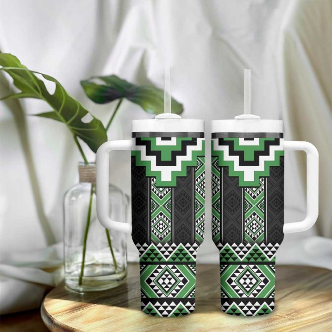 Green Taniko Aotearoa Niho Taniwha Mix Poutama Custom Stanley Quencher 40Oz Stainless Steel Tumbler With Handle - Image 9