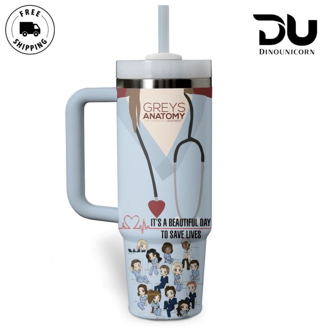 Grey #8217;S Anatomy Cartoon Custom Stanley Quencher 40Oz Stainless Steel Tumbler With Handle - Image 2