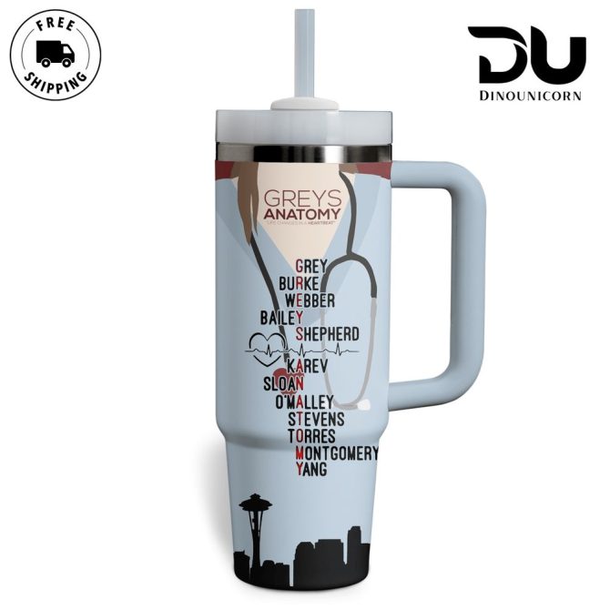 Grey #8217;S Anatomy Cartoon Custom Stanley Quencher 40Oz Stainless Steel Tumbler With Handle - Image 3