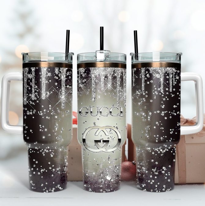 Gucci Logo Glitter Pattern Custom Stanley Quencher 40Oz Stainless Steel Tumbler With Handle