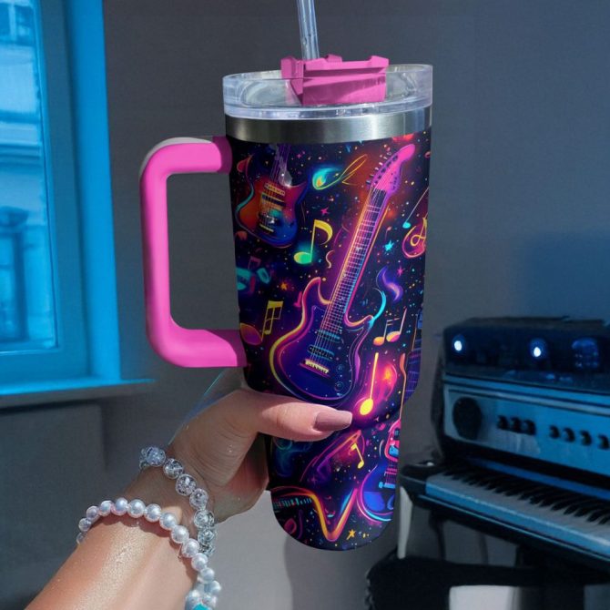 Guitar Neon Groove Custom Stanley Quencher 40Oz Stainless Steel Tumbler With Handle - Image 3