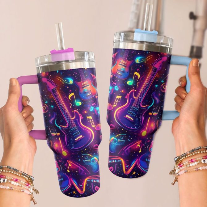 Guitar Neon Groove Custom Stanley Quencher 40Oz Stainless Steel Tumbler With Handle - Image 2