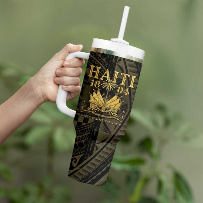 Haiti 1804 Polynesian Gold Neg Maron Custom Stanley Quencher 40Oz Stainless Steel Tumbler With Handle - Image 3