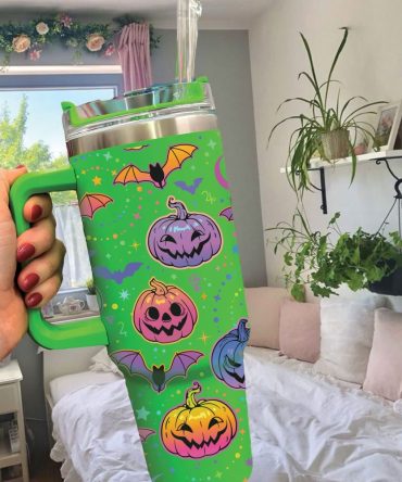 Halloween Bat And Pumpkin Custom Stanley Quencher 40Oz Stainless Steel Tumbler With Handle