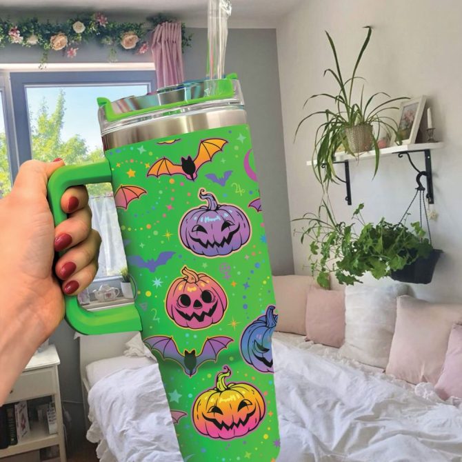 Halloween Bat And Pumpkin Custom Stanley Quencher 40Oz Stainless Steel Tumbler With Handle