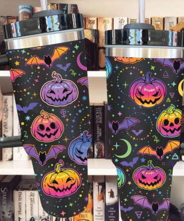 Halloween Bat And Pumpkin Custom Stanley Quencher 40Oz Stainless Steel Tumbler With Handle