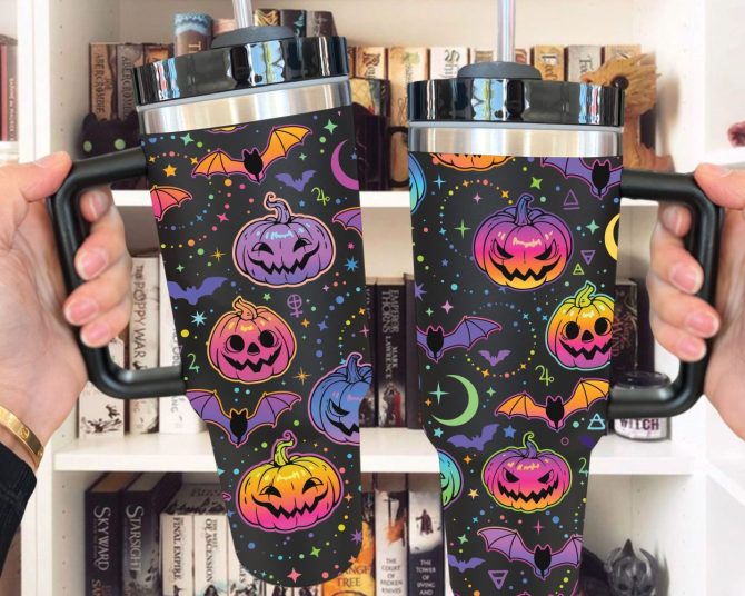 Halloween Bat And Pumpkin Custom Stanley Quencher 40Oz Stainless Steel Tumbler With Handle