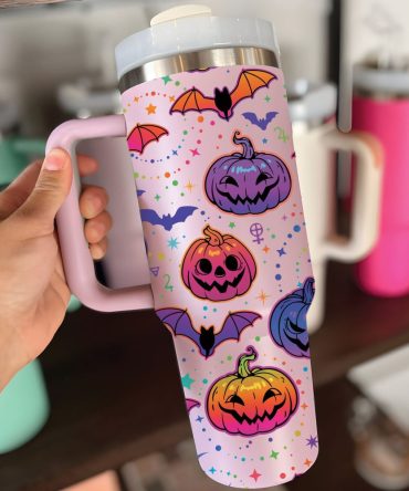 Halloween Bat And Pumpkin Custom Stanley Quencher 40Oz Stainless Steel Tumbler With Handle