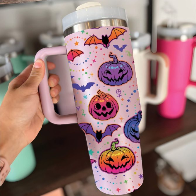 Halloween Bat And Pumpkin Custom Stanley Quencher 40Oz Stainless Steel Tumbler With Handle