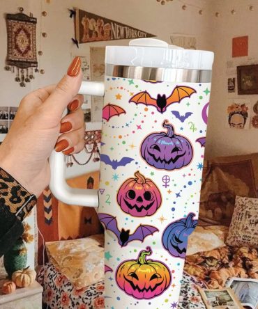 Halloween Bat And Pumpkin Custom Stanley Quencher 40Oz Stainless Steel Tumbler With Handle