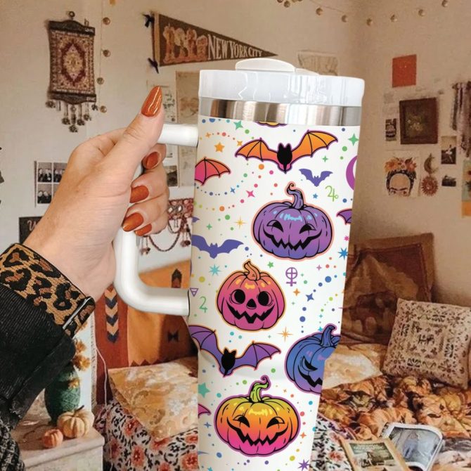 Halloween Bat And Pumpkin Custom Stanley Quencher 40Oz Stainless Steel Tumbler With Handle