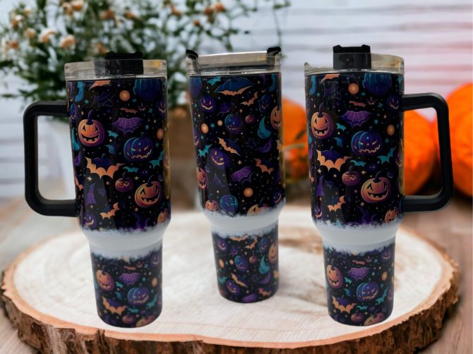 Halloween Bats And Pumpkins Custom Stanley Quencher 40Oz Stainless Steel Tumbler