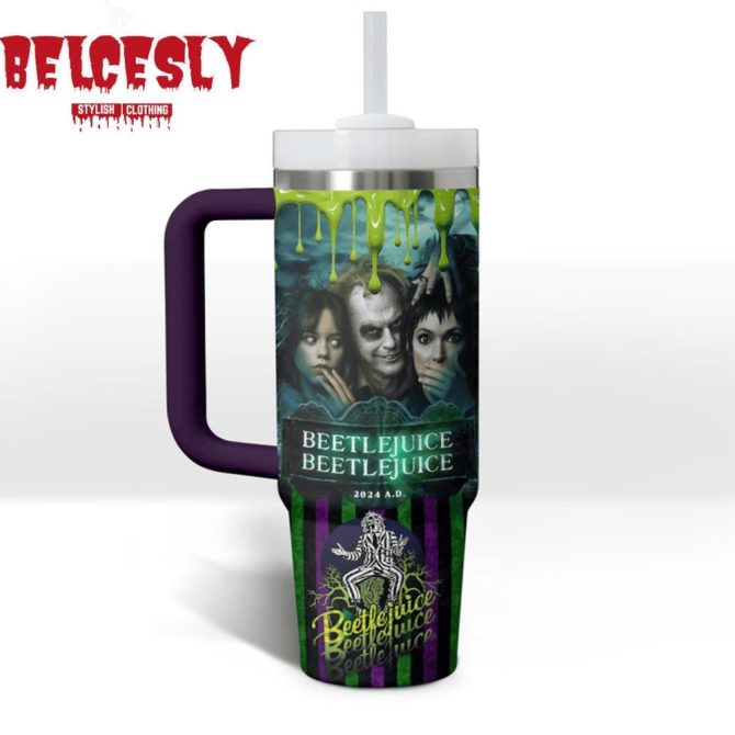 Halloween Beetlejuice Movies Custom Stanley Quencher 40Oz Stainless Steel Tumbler With Handle - Image 4