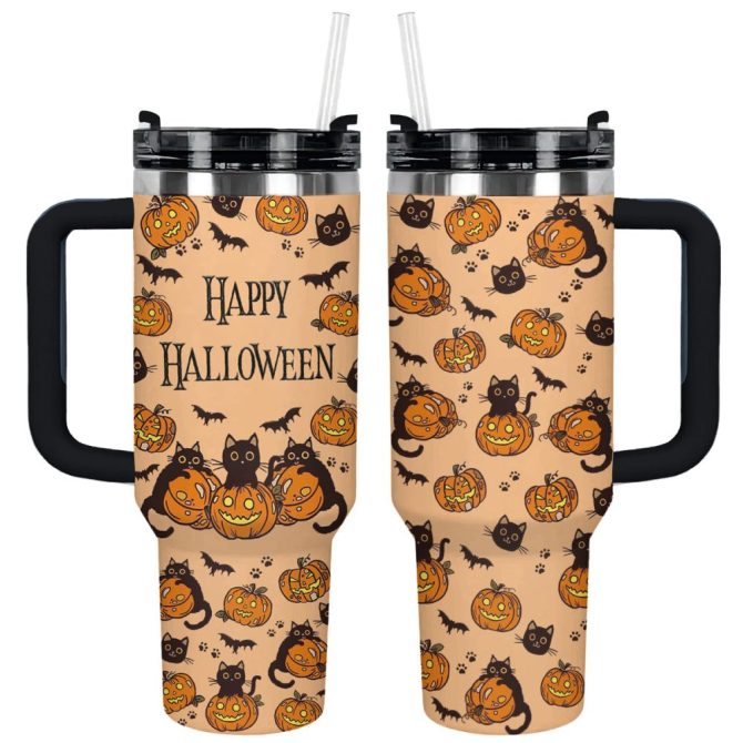 Halloween Black Cat Custom Stanley Quencher 40Oz Stainless Steel Tumbler With Handle - Image 10