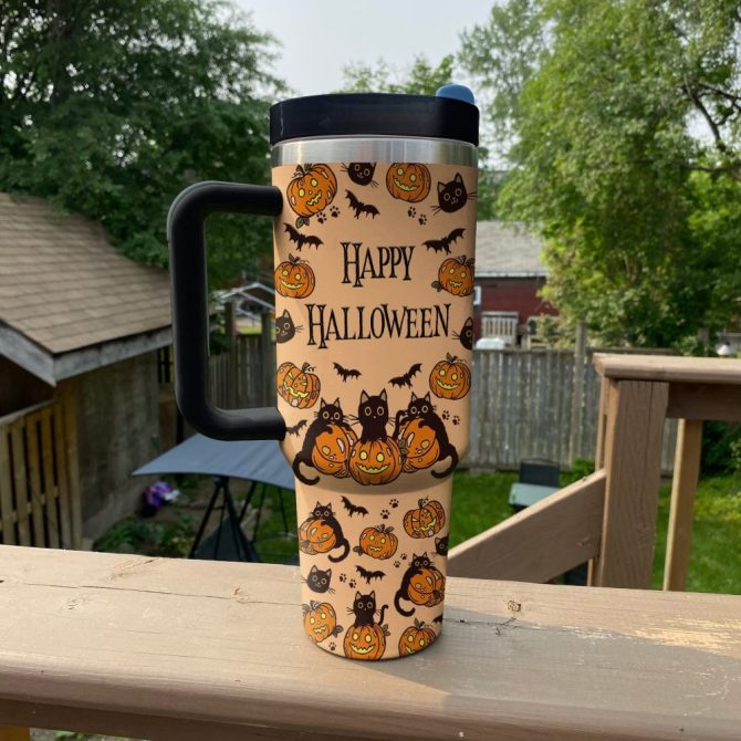 Halloween Black Cat Custom Stanley Quencher 40Oz Stainless Steel Tumbler With Handle - Image 3