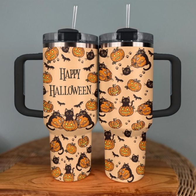 Halloween Black Cat Custom Stanley Quencher 40Oz Stainless Steel Tumbler With Handle - Image 2