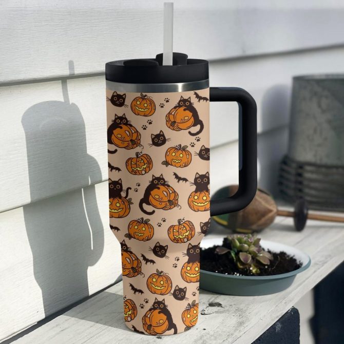 Halloween Black Cat Custom Stanley Quencher 40Oz Stainless Steel Tumbler With Handle - Image 2