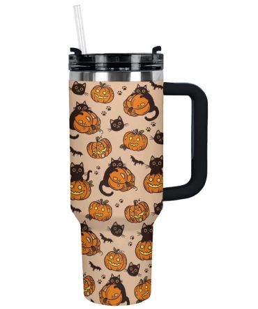 Halloween Black Cat Custom Stanley Quencher 40Oz Stainless Steel Tumbler With Handle