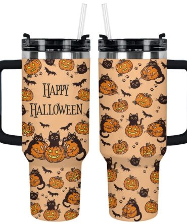 Halloween Black Cat Custom Stanley Quencher 40Oz Stainless Steel Tumbler With Handle
