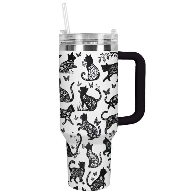Halloween Black Cat Floral Custom Stanley Quencher 40Oz Stainless Steel Tumbler With Handle - Image 12