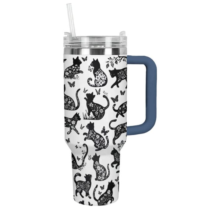 Halloween Black Cat Floral Custom Stanley Quencher 40Oz Stainless Steel Tumbler With Handle - Image 13