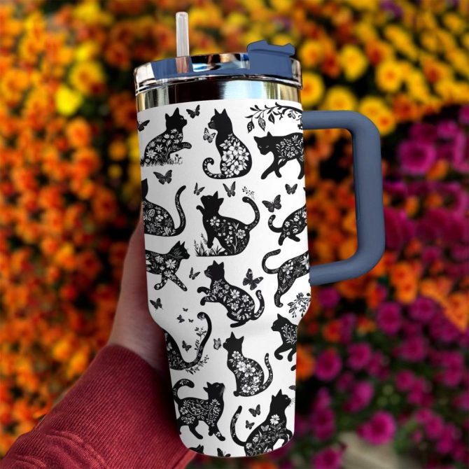Halloween Black Cat Floral Custom Stanley Quencher 40Oz Stainless Steel Tumbler With Handle - Image 3