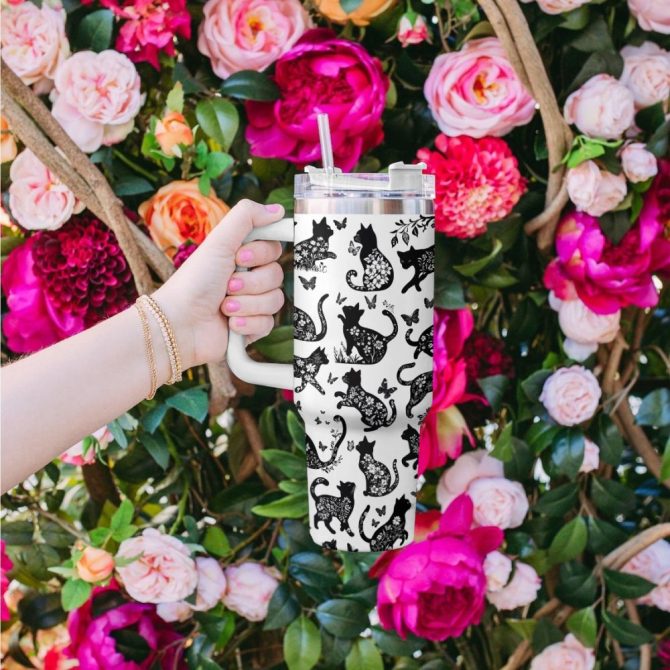 Halloween Black Cat Floral Custom Stanley Quencher 40Oz Stainless Steel Tumbler With Handle - Image 2