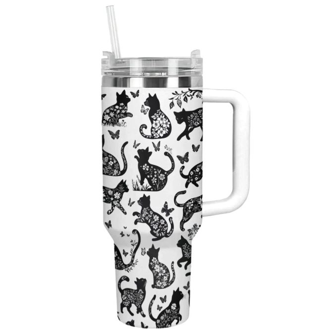 Halloween Black Cat Floral Custom Stanley Quencher 40Oz Stainless Steel Tumbler With Handle