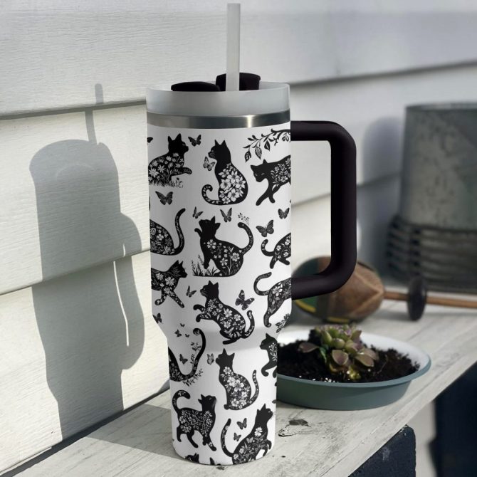 Halloween Black Cat Floral Custom Stanley Quencher 40Oz Stainless Steel Tumbler With Handle - Image 4