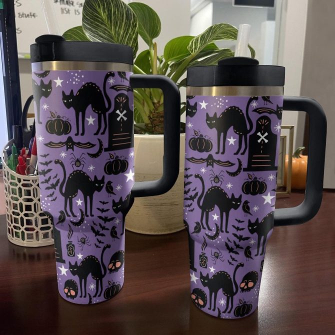 Halloween Black Cat Magic Custom Stanley Quencher 40Oz Stainless Steel Tumbler With Handle - Image 2
