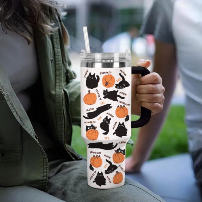 Halloween Black Cats And Pumpkins Custom Stanley Quencher 40Oz Stainless Steel Tumbler With Handle - Image 2