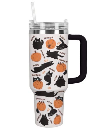Halloween Black Cats And Pumpkins Custom Stanley Quencher 40Oz Stainless Steel Tumbler With Handle