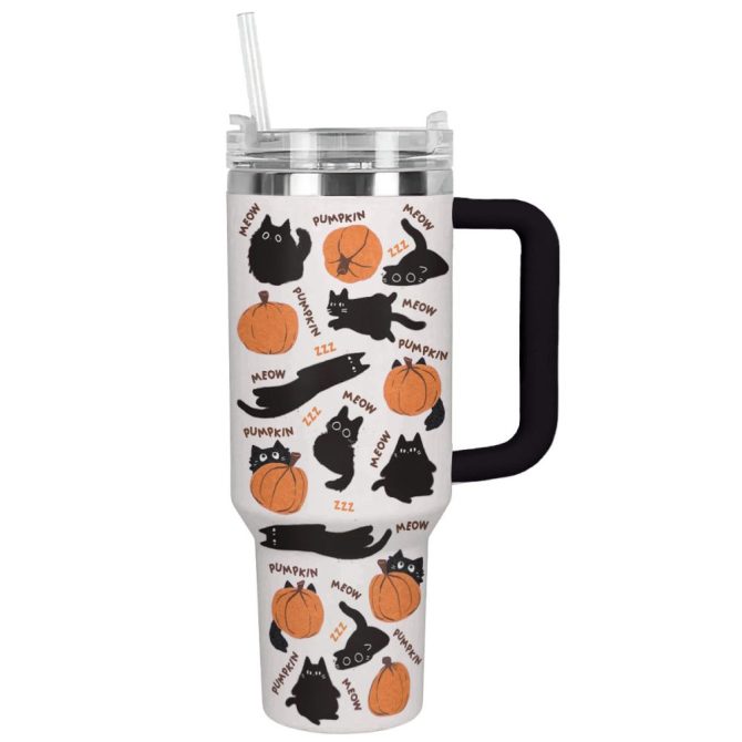 Halloween Black Cats And Pumpkins Custom Stanley Quencher 40Oz Stainless Steel Tumbler With Handle