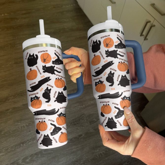 Halloween Black Cats And Pumpkins Custom Stanley Quencher 40Oz Stainless Steel Tumbler With Handle - Image 3
