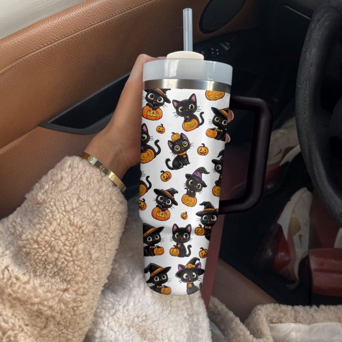 Halloween Black Witch Cat Custom Stanley Quencher 40Oz Stainless Steel Tumbler With Handle - Image 3