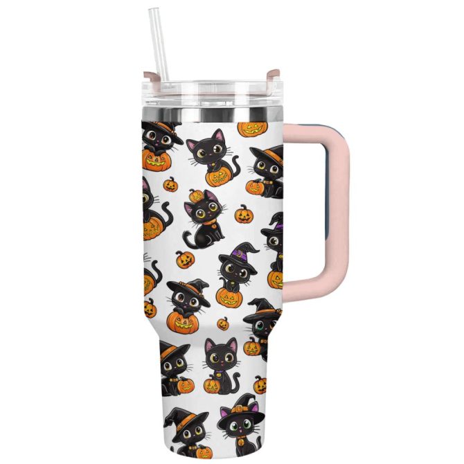 Halloween Black Witch Cat Custom Stanley Quencher 40Oz Stainless Steel Tumbler With Handle - Image 12