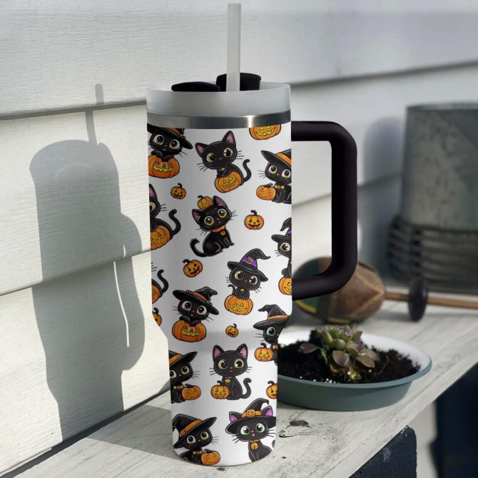 Halloween Black Witch Cat Custom Stanley Quencher 40Oz Stainless Steel Tumbler With Handle - Image 2
