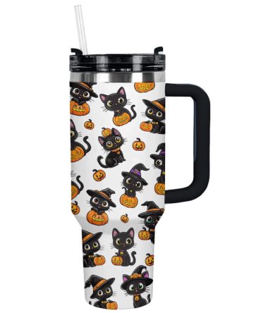 Halloween Black Witch Cat Custom Stanley Quencher 40Oz Stainless Steel Tumbler With Handle