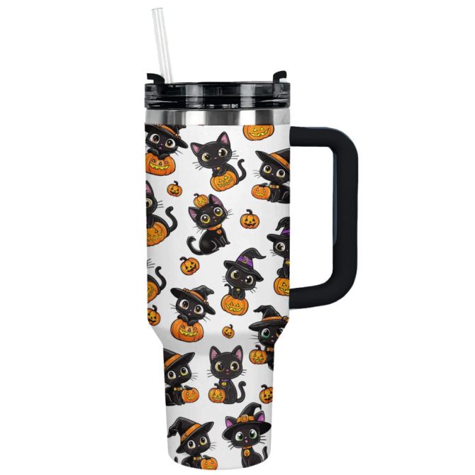 Halloween Black Witch Cat Custom Stanley Quencher 40Oz Stainless Steel Tumbler With Handle