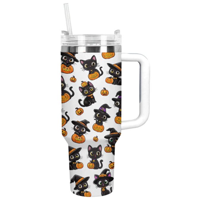 Halloween Black Witch Cat Custom Stanley Quencher 40Oz Stainless Steel Tumbler With Handle - Image 11