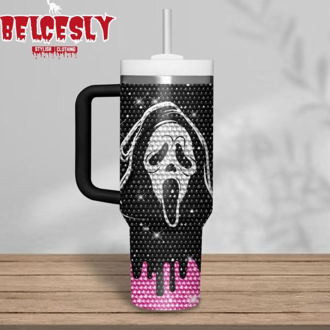 Halloween Bling Ghostface Scream Movies Custom Stanley Quencher 40Oz Stainless Steel Tumbler With Handle - Image 2
