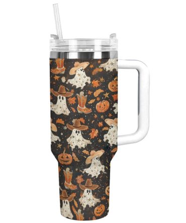 Halloween Brown Ghostly Cowboy Custom Stanley Quencher 40Oz Stainless Steel Tumbler With Handle