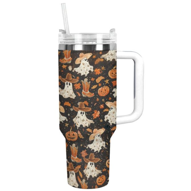Halloween Brown Ghostly Cowboy Custom Stanley Quencher 40Oz Stainless Steel Tumbler With Handle