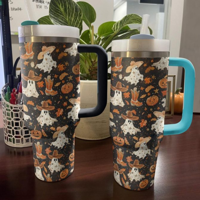 Halloween Brown Ghostly Cowboy Custom Stanley Quencher 40Oz Stainless Steel Tumbler With Handle - Image 4