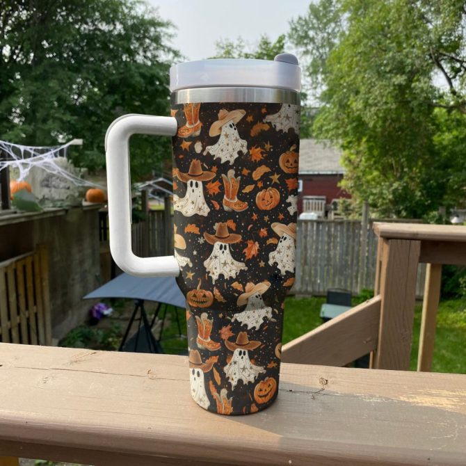 Halloween Brown Ghostly Cowboy Custom Stanley Quencher 40Oz Stainless Steel Tumbler With Handle - Image 2